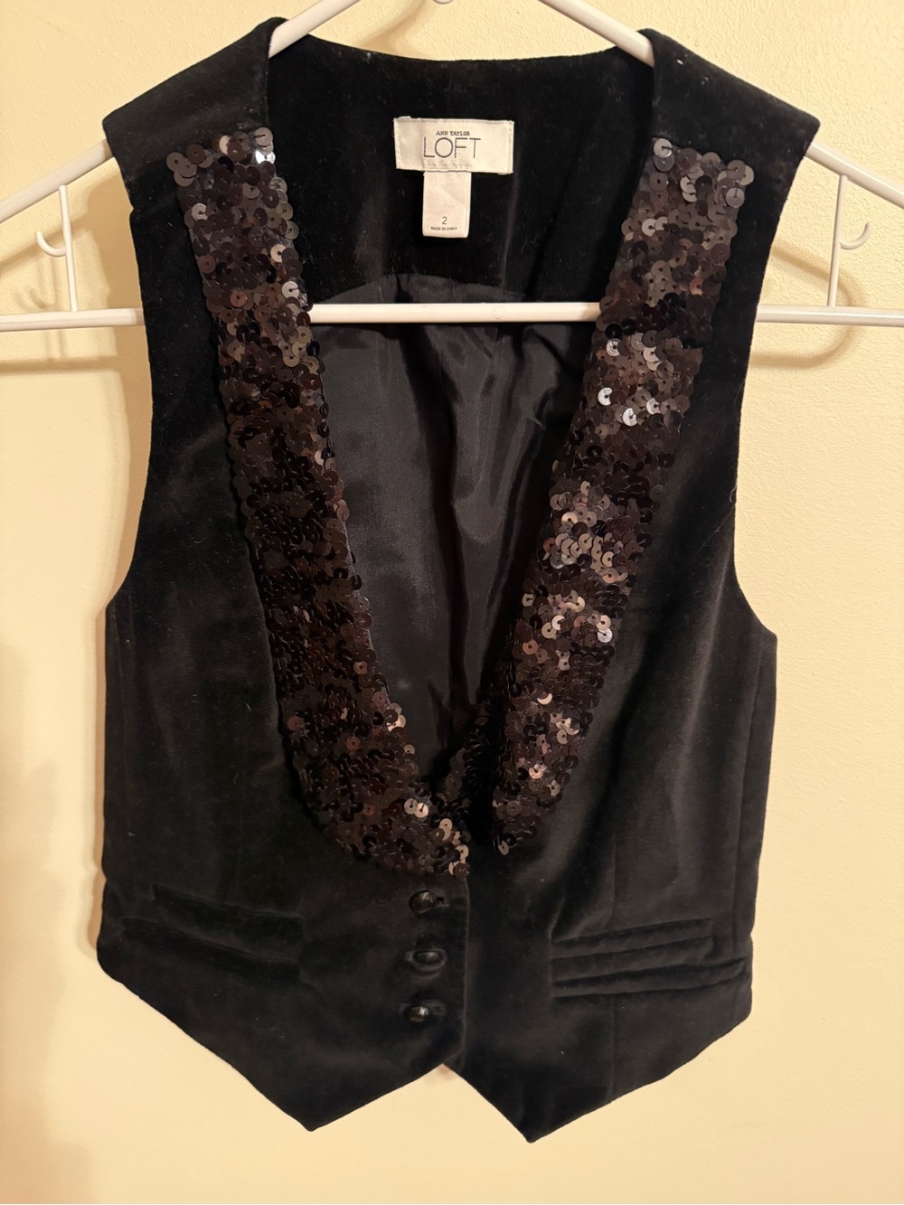LOFT Black Velvet Vest with Sequin Trim